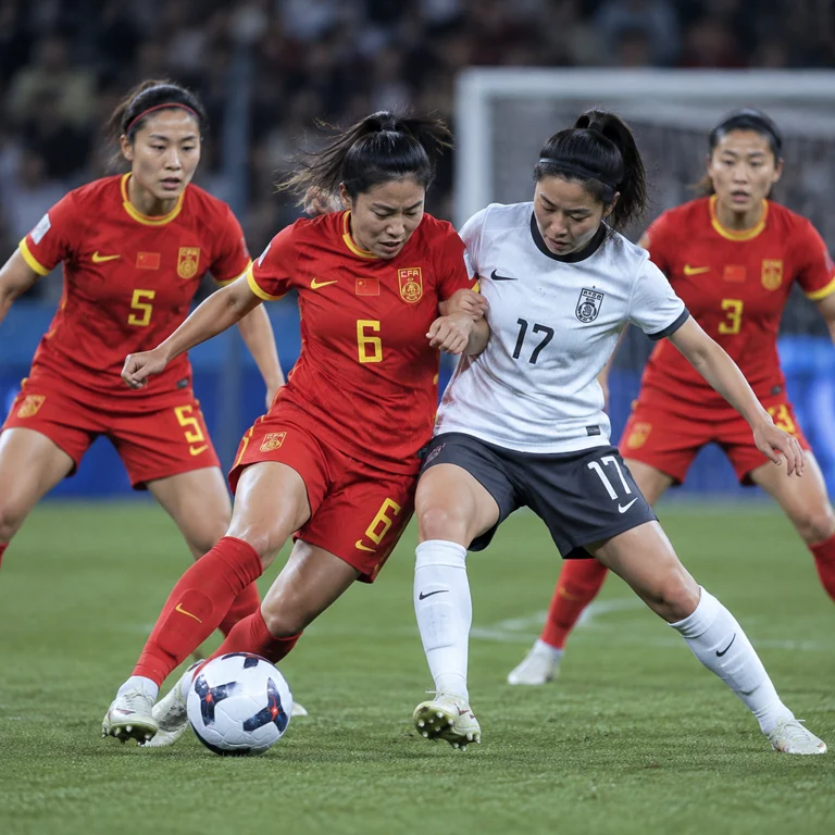 中国女足球员在比赛中进行防守站位与拼抢